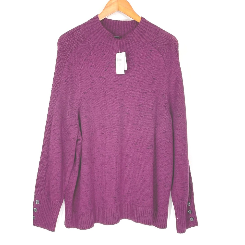 NWT J Jill Women Sweater 2X Pullover Purple Mock Neck Button Cuff Marled Knit‎